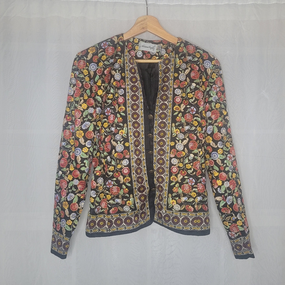 Vintage Adrianna Papell Silk Blazer Small Multicolor Boho Chic Floral Eclectic